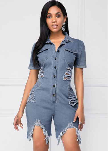 Rosewe Women Denim Blue Button Up Turndown Collar Chest Shredded Denim Romper With Pockets Solid Color Short Sleeve Mini Casual Wide Leg Jumper - XL