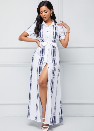 Rosewe Cocktail Party Dress Geometric Print Button Up Turndown Collar Belted Dress - XL
