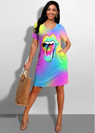 Rosewe Cocktail Party Dress Printed Rainbow Color Side Pocket Dress - XS