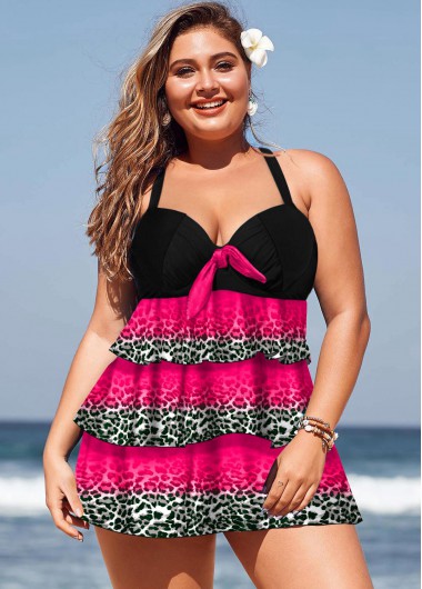 Rosewe Women Rose Red Leopard Printed Plus Size Swimwear Two Piece Underwire Padded Swimsuit Layered Hem Strappy Bathing Suit - 1X