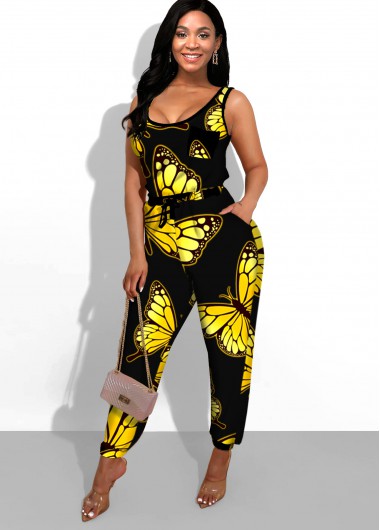 Rosewe Side Pocket Butterfly Print Black Jumpsuit - S
