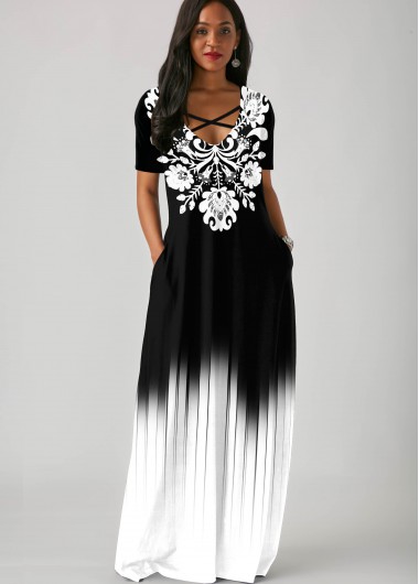Rosewe Women Black And White Tribal Printed Maxi Vacation Dress With Side Pockets Ombre Dip Dye Straight Short Sleeve Casual Beach Dress - XS