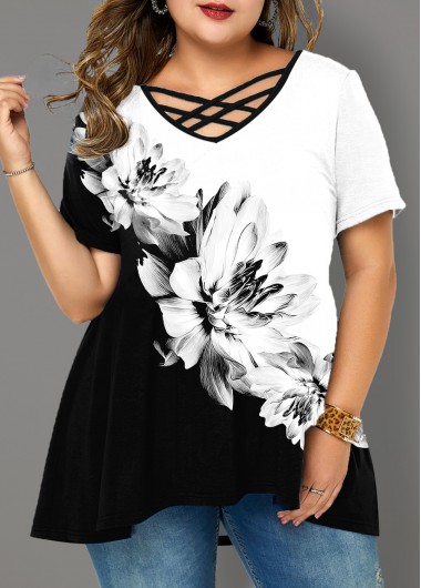 Rosewe Floral Print Cross Strap Plus Size T Shirt - 1X