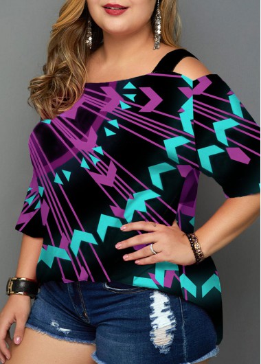 Rosewe Geometric Print Cold Shoulder Plus Size T Shirt - 1X