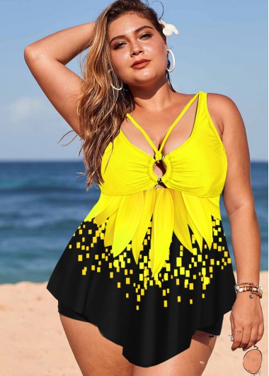 Rosewe Sunflower Print Ring Detail Plus Size Swimdress and Shorts - 1X