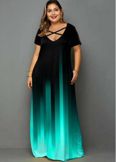 Rosewe Women Cyan Ombre Dip Dye Plus Size Straight Casual Dress With Pockets Short Sleeve Maxi Elegant Cocktail Party Dress - 2X