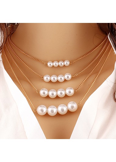 Rosewe Fashion Pearl Embellished Layered Gold Metal Necklace - One Size