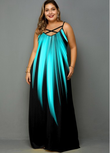 Rosewe Women Black And Green Plus Size Straight Maxi Casual Dress Spaghetti Strap V Back Printed Vacation Dress - 2X