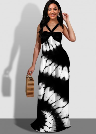 Rosewe Black Dresses Tie Dye Print Spaghetti Strap Maxi Dress - XS