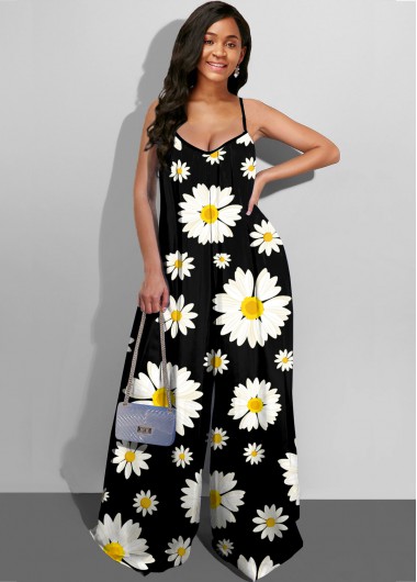 Rosewe Spaghetti Strap Wide Leg Daisy Print Jumpsuit - XL