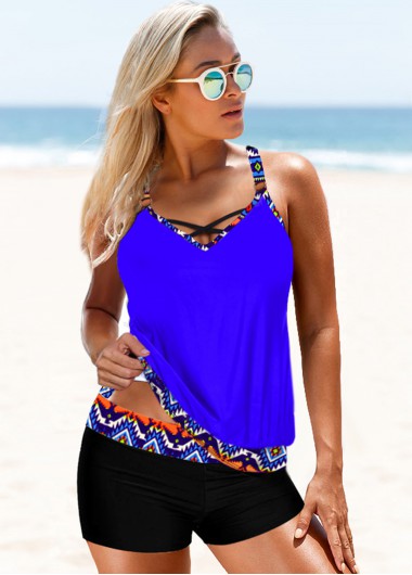 Rosewe Tribal Print Strappy Back Blue Tankini Set - XL