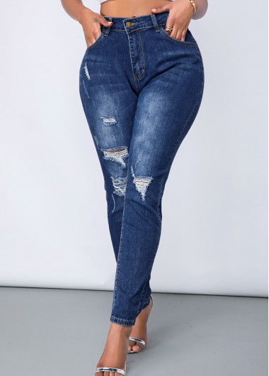 Acid Washed Shredded Slant Pocket Jeans