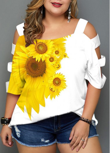 Rosewe Sunflower Print Ladder Cutout Plus Size Tunic Top - 2X