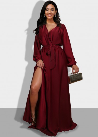 Rosewe Women Wine Red V Neck Long Sleeve Side Slit Evening Party Dress Burgundy Solid Color High Waisted Elegant Dress - XS