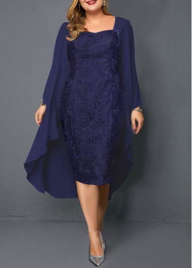 Rosewe Women Navy Blue Plus Size Chiffon Flowy Dress Solid Color Two Piece Long Sleeve Sheath Midi Elegant Cocktail Party Dress - 4X