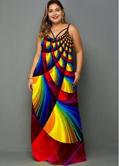 Rosewe Women Yellow Plus Size Rainbow Color Dress With Pockets Geometric Printed Sleeveless Straight Strappy Maxi Casual Vacation Dress - 3X