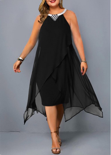 Rosewe Asymmetric Hem Embellished Neck Plus Size Chiffon Dress - 4X