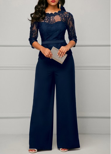 Rosewe Women Navy Blue Illusion Three Quarter Sleeve Formal Jumpsuit Solid Color Wide Leg Lace Panel Round Neck Straight Work Jumpsuit - M