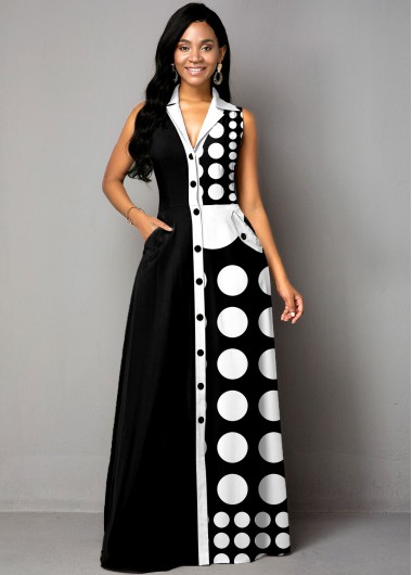 Rosewe Cocktail Party Dress Polka Dot Color Block Button Up Maxi Dress - L