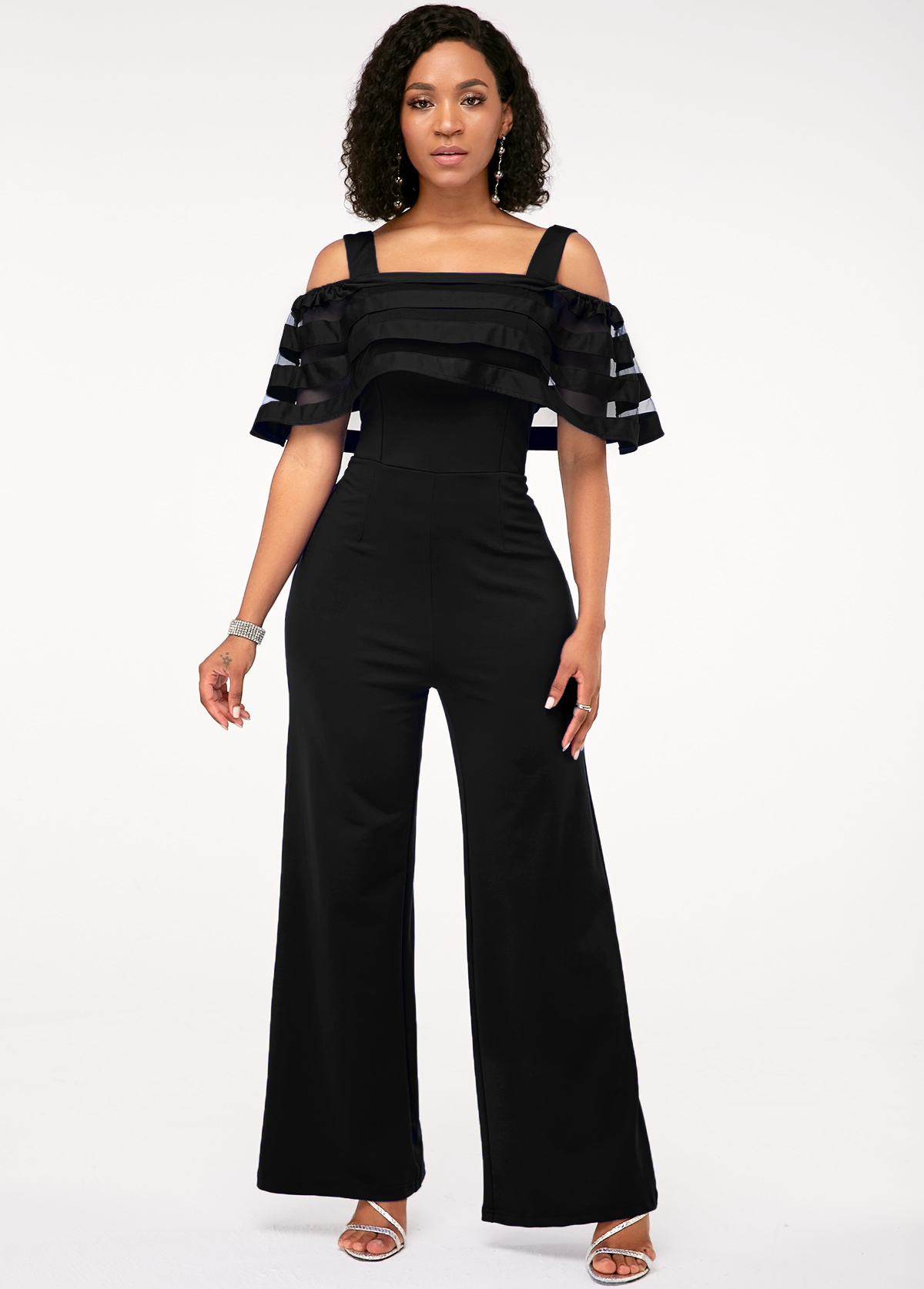 Strappy Cold Shoulder Black Ruffle Overlay Jumpsuit 