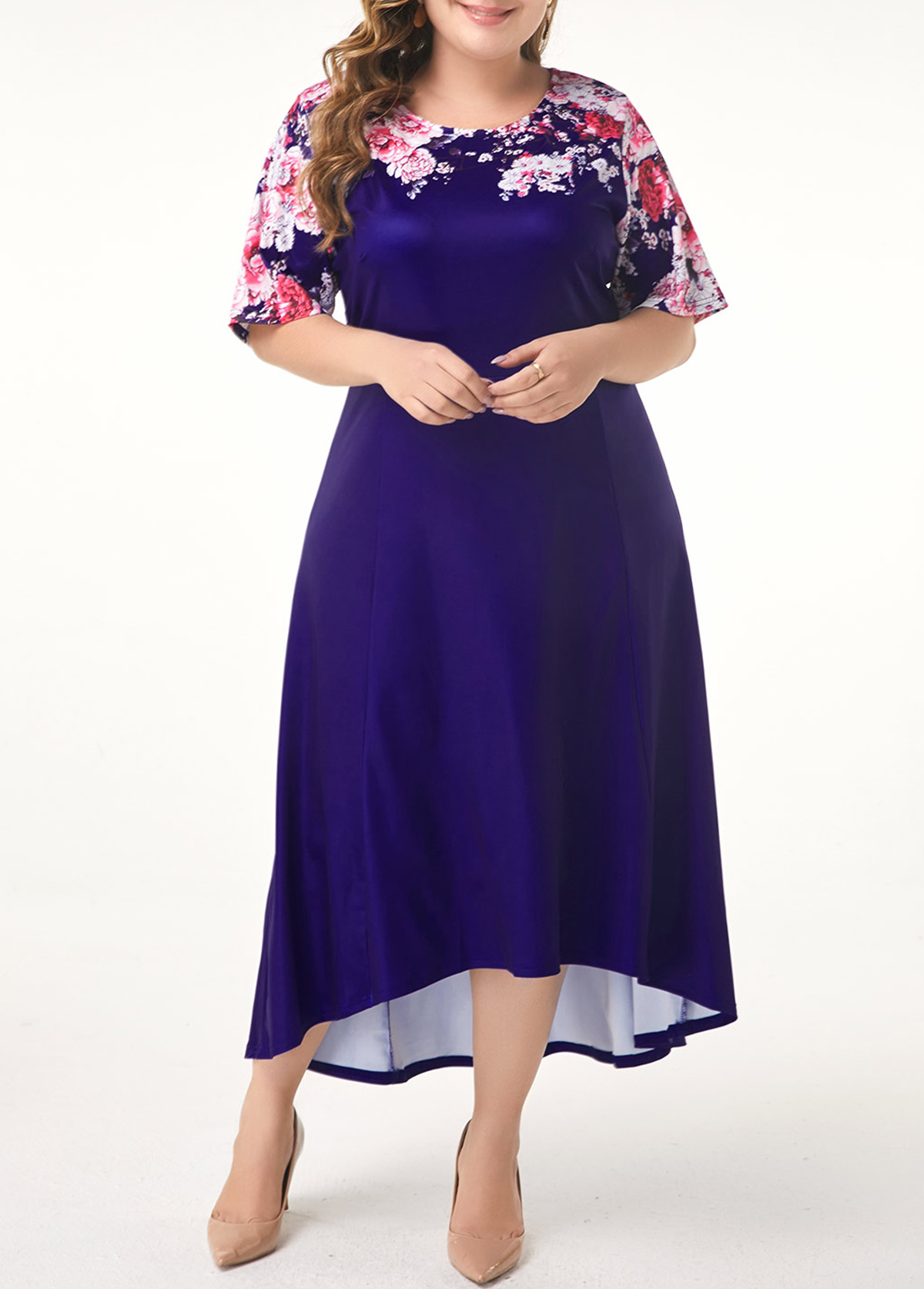 navy and silver lace dip hem dress