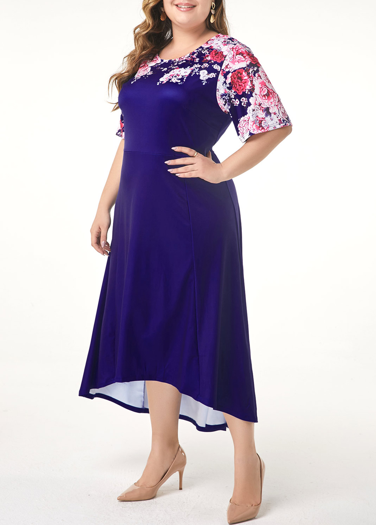 Plus Size Flower Print Dip Hem Dress USD 26.99