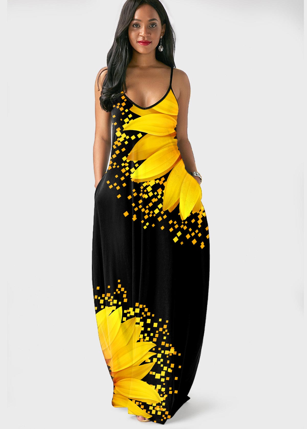 Spaghetti Strap Sunflower Print Side Pocket Maxi Dress