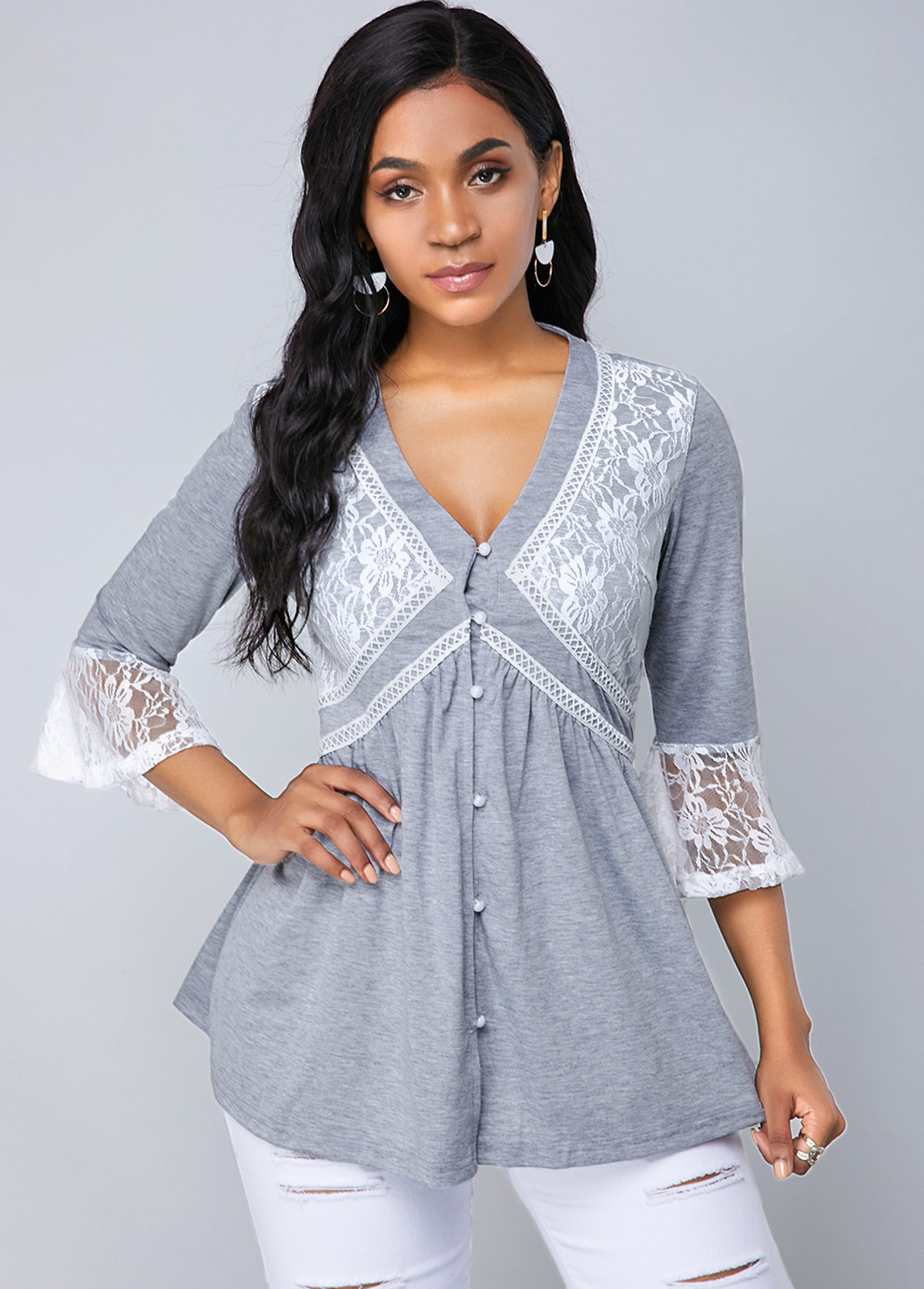 Button Up Flare Cuff Lace Panel T Shirt