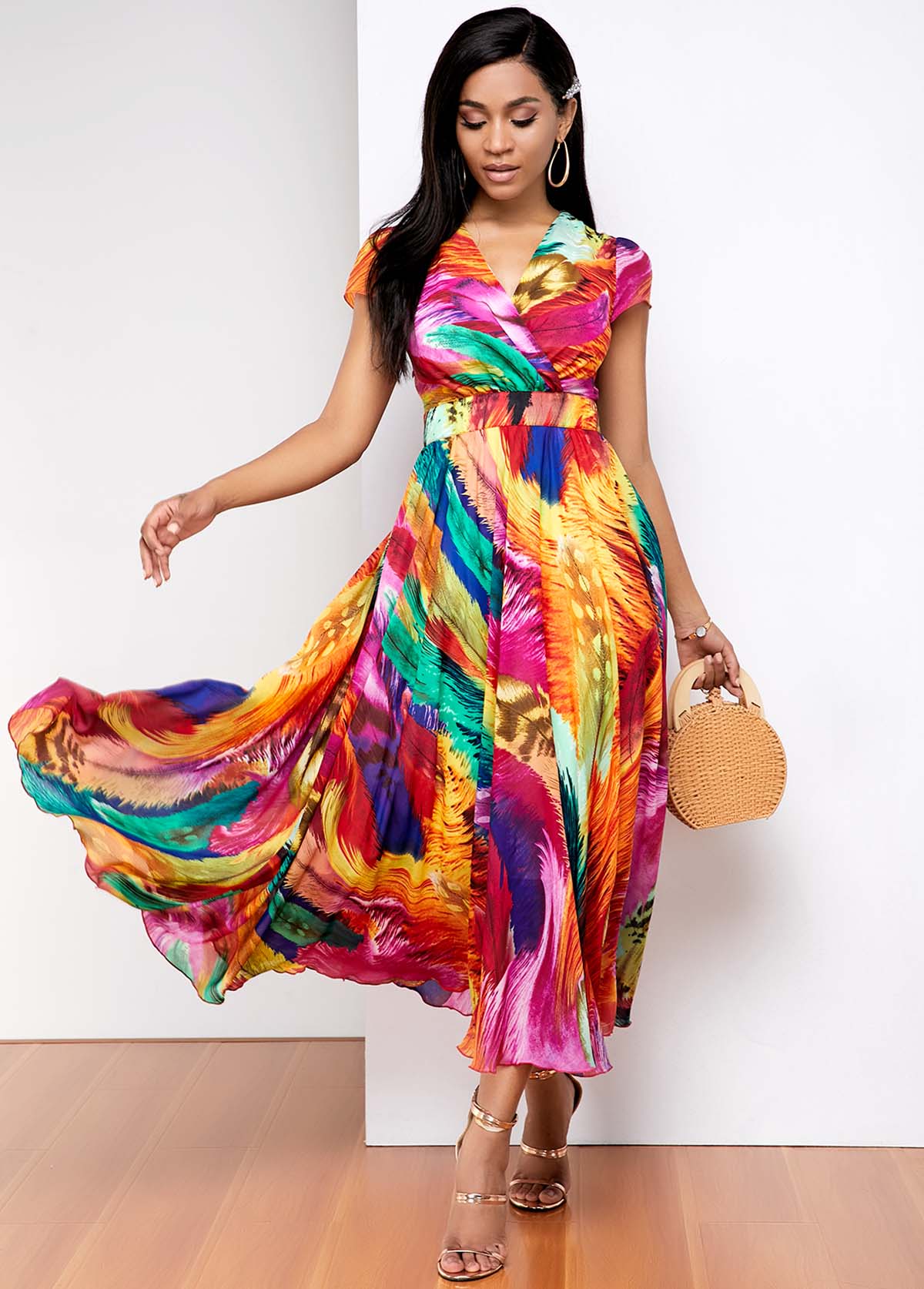 Rainbow gradient print V Neck Dress