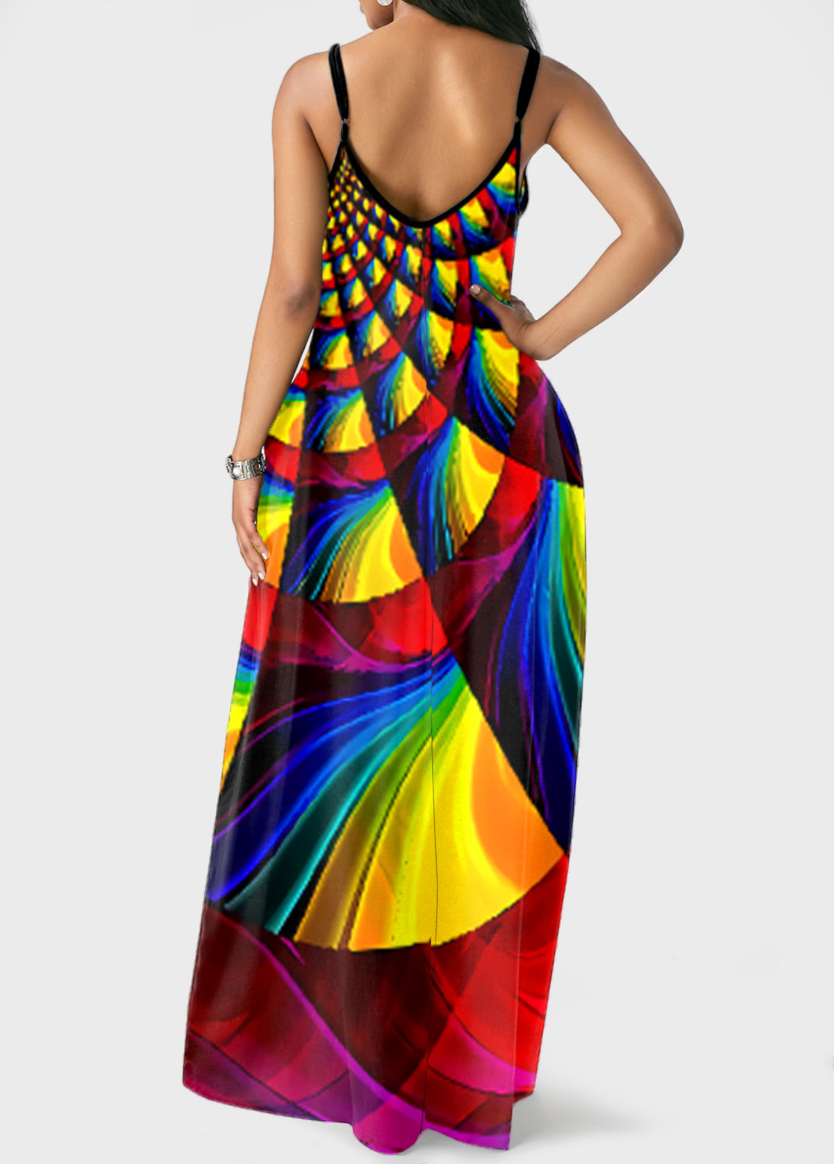 Rainbow Color Geometric Print Side Pocket Maxi Dress