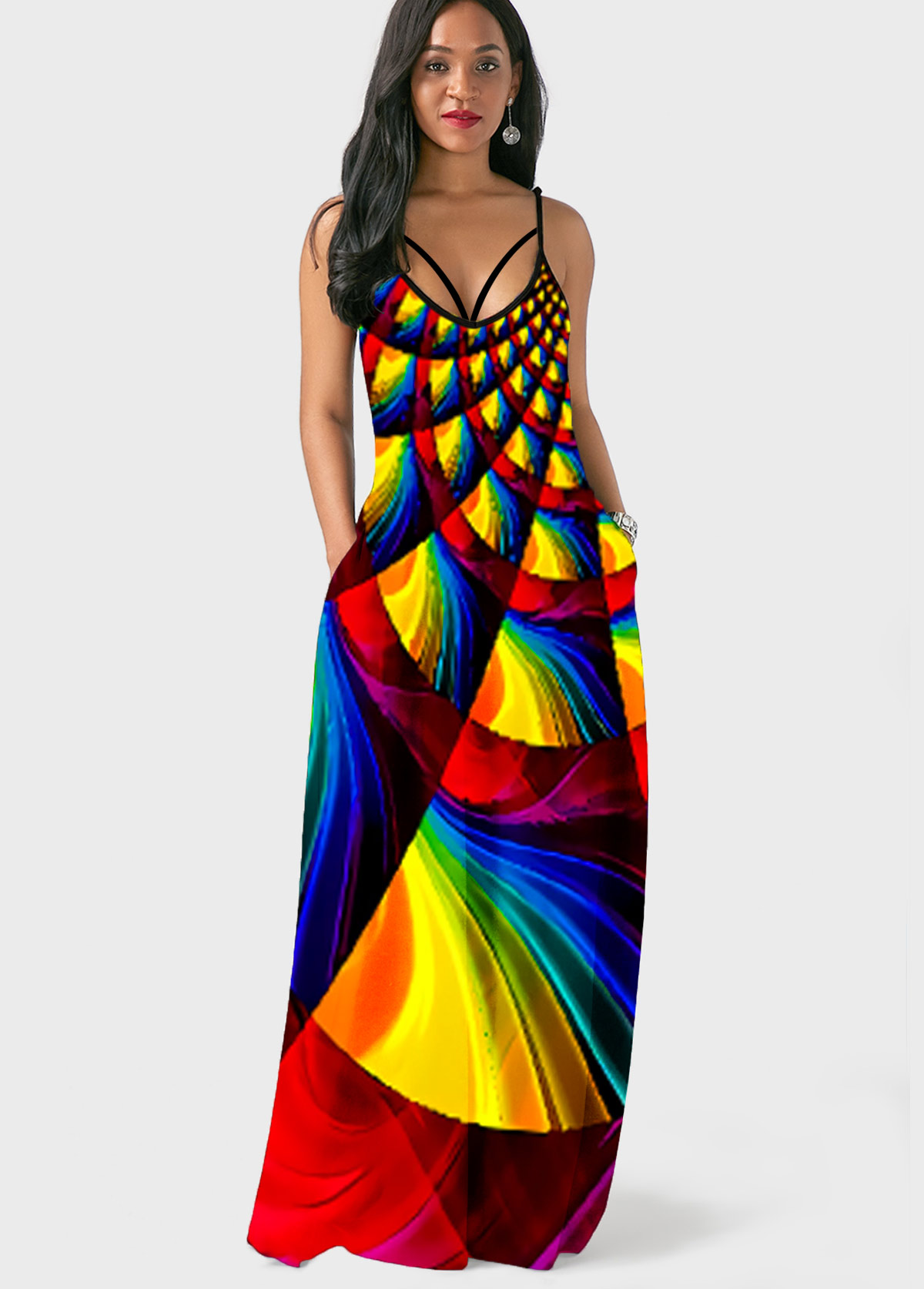 Rainbow Color Geometric Print Side Pocket Maxi Dress