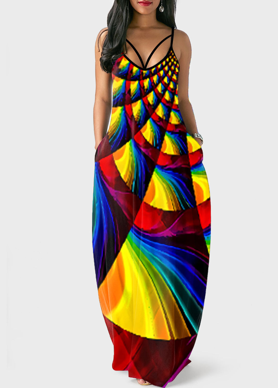 Rainbow Color Geometric Print Side Pocket Maxi Dress