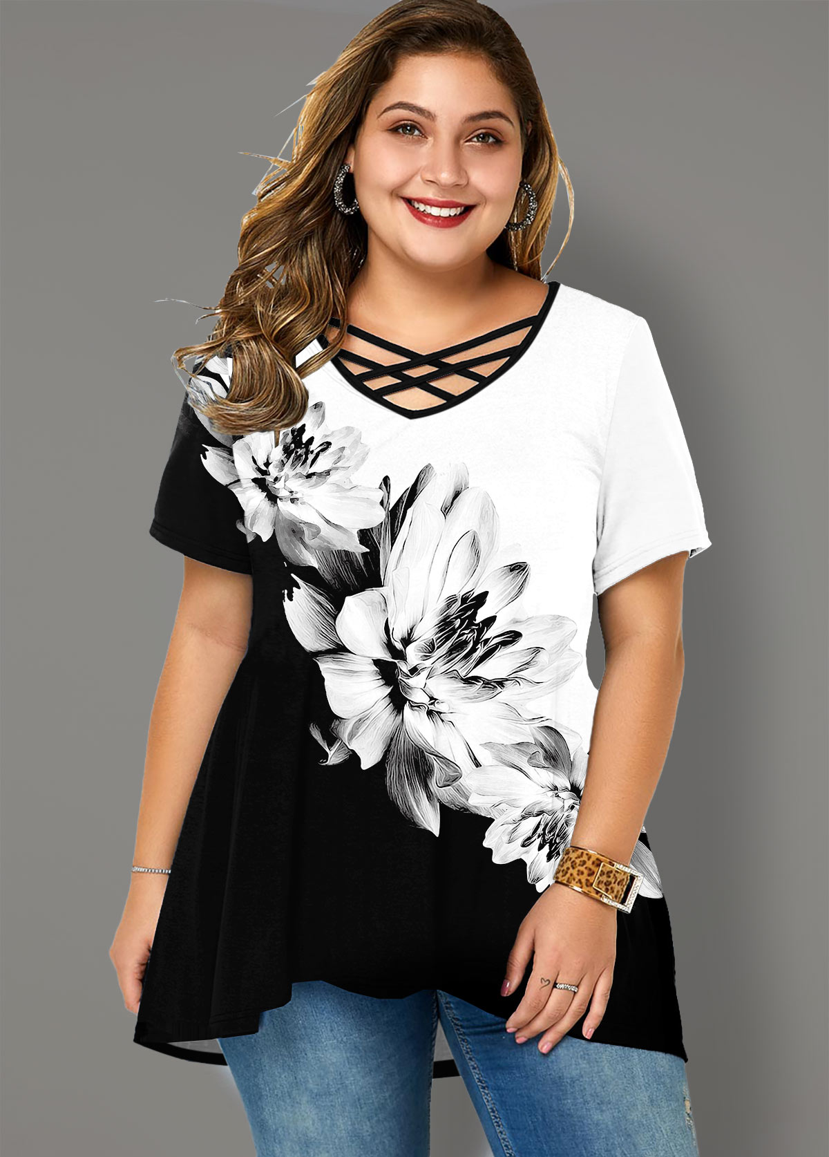 Floral Print Cross Strap Plus Size T Shirt