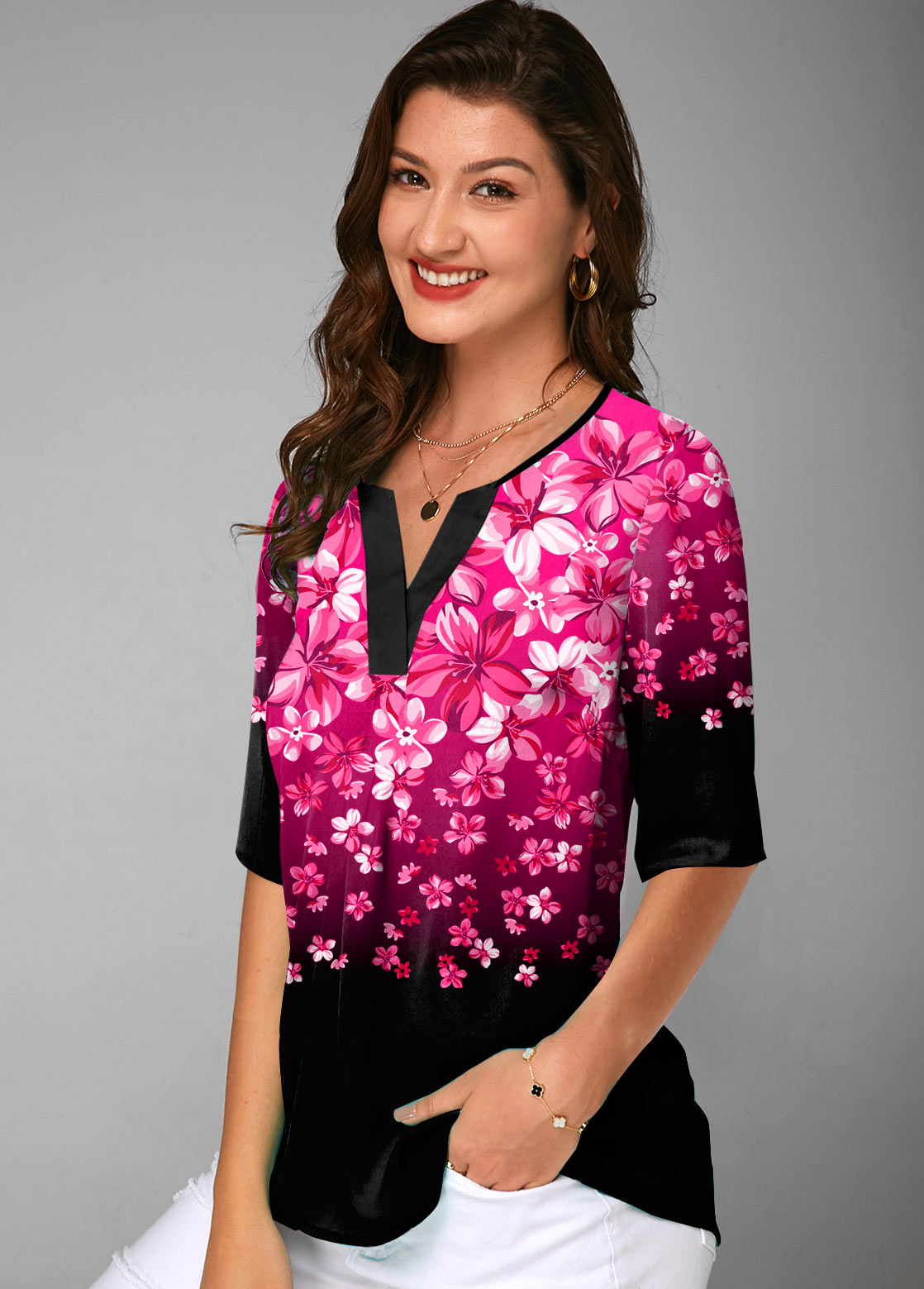 Floral Print Split Neck Half Sleeve Gradient Blouse