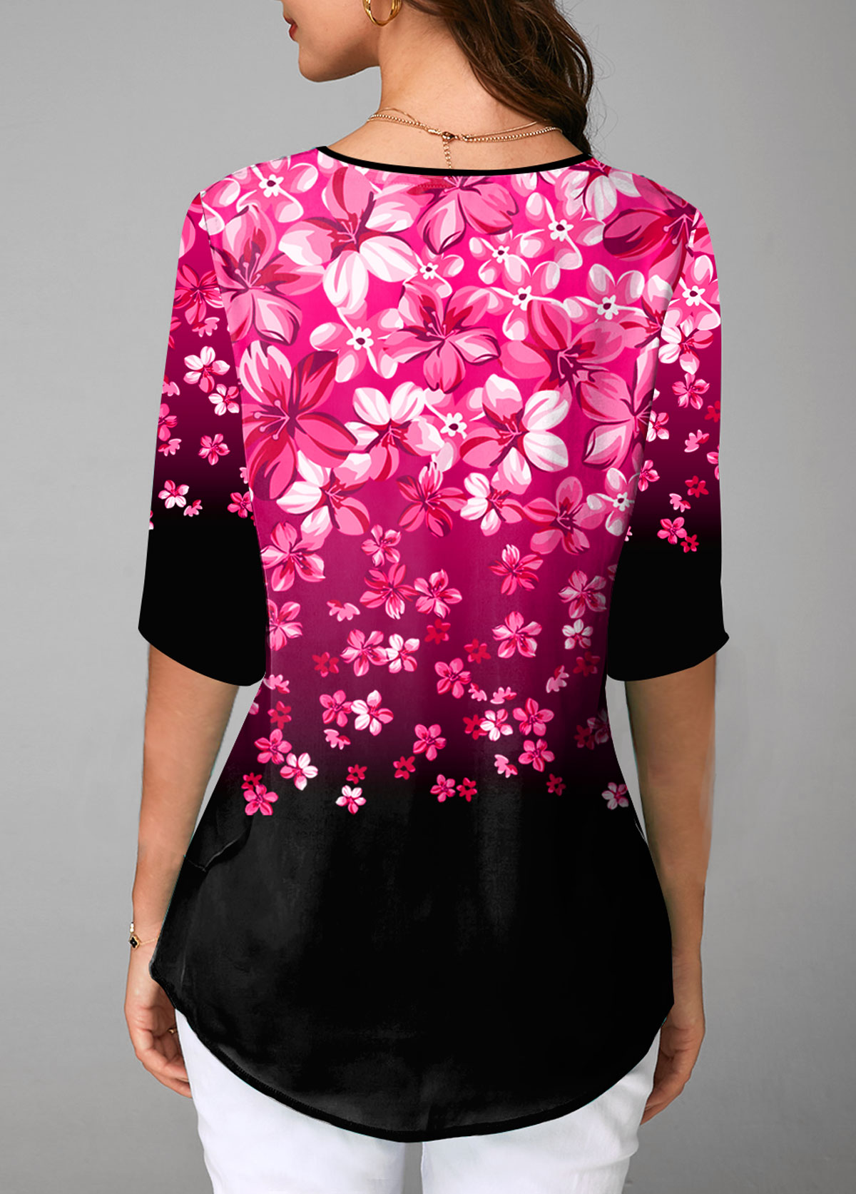 Floral Print Split Neck Half Sleeve Gradient Blouse