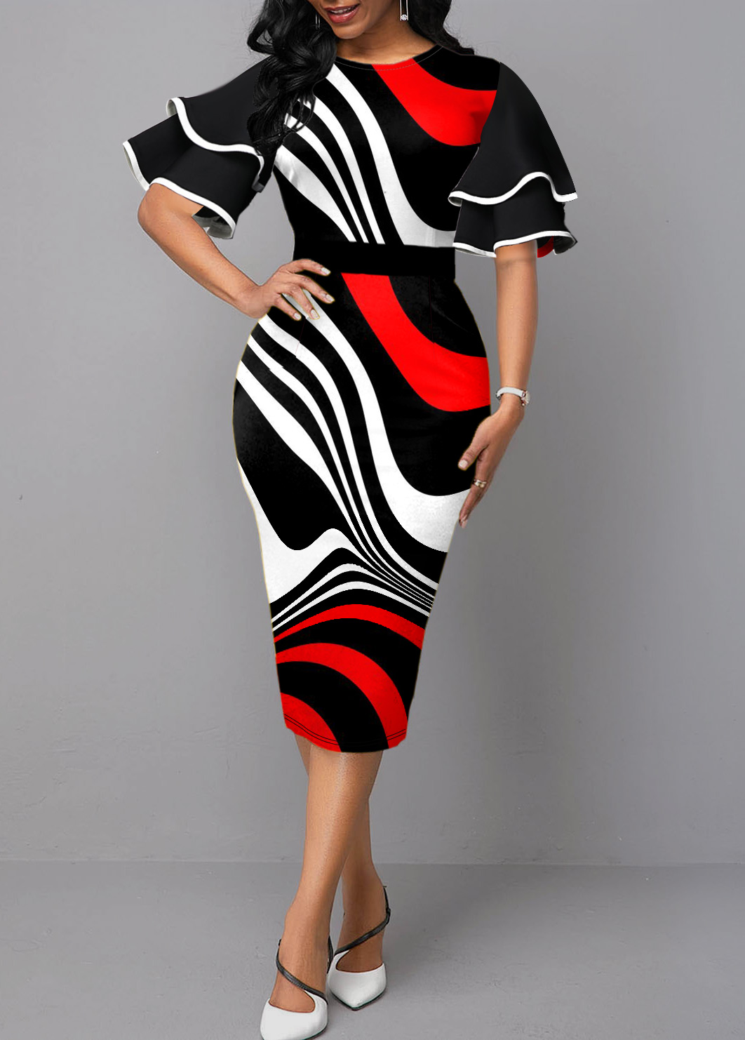 Ruffle Sleeve Stripe Print Contrast Sheath Dress