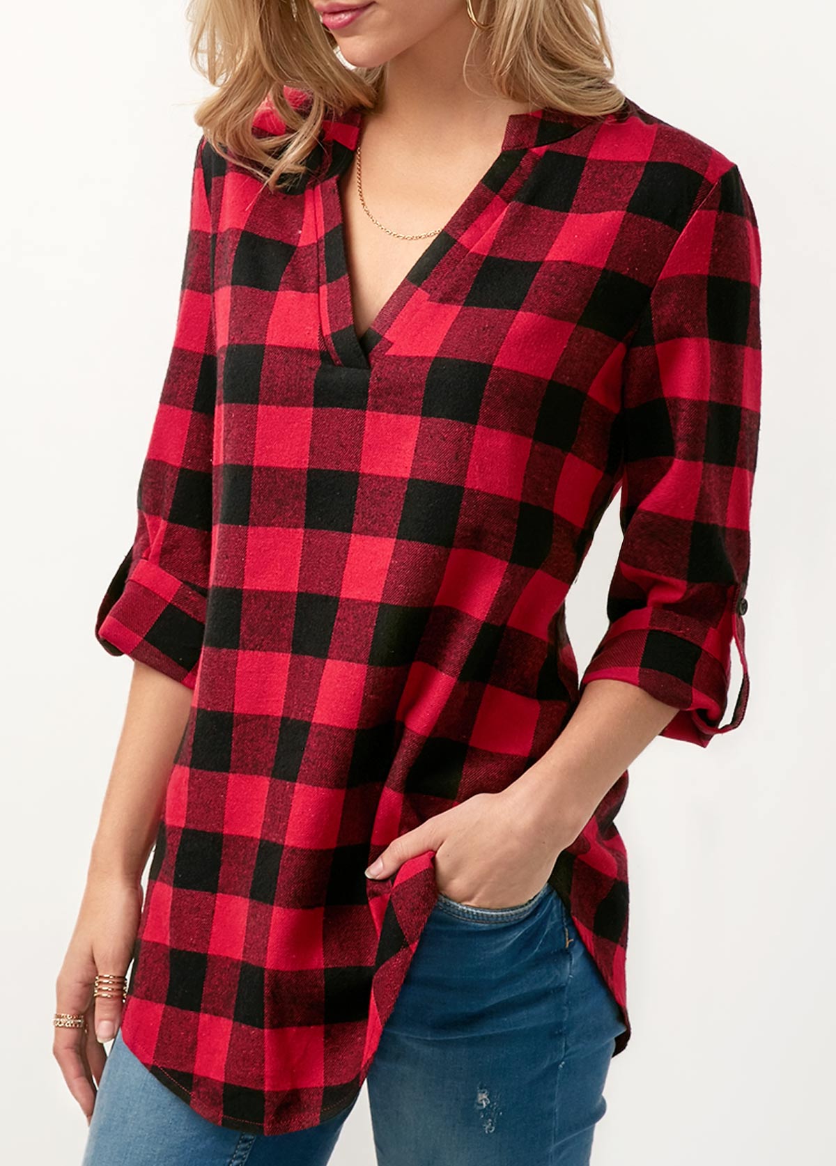 Split Neck Roll Tab Sleeve Plaid Print Blouse