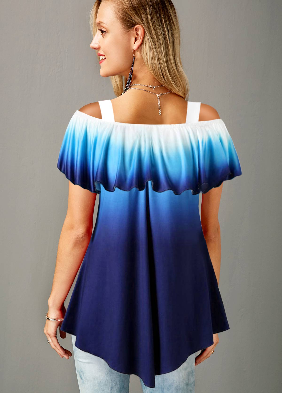 Navy Blue Ombre Strappy Cold Shoulder T Shirt