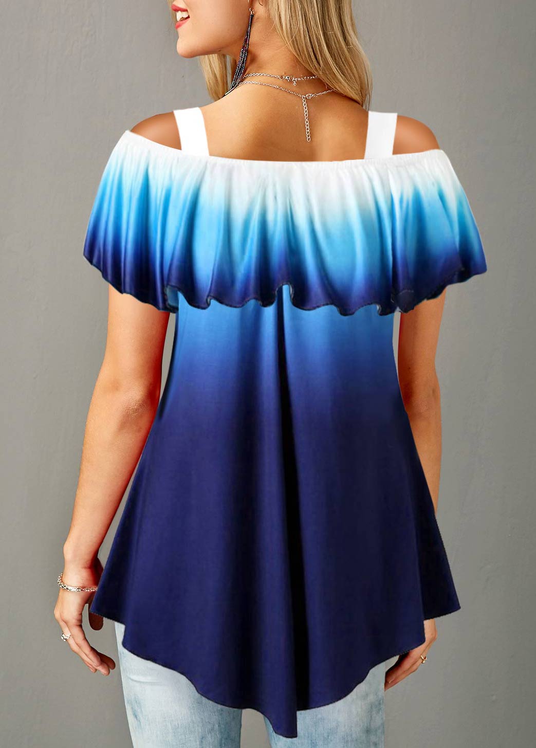 Navy Blue Ombre Strappy Cold Shoulder T Shirt
