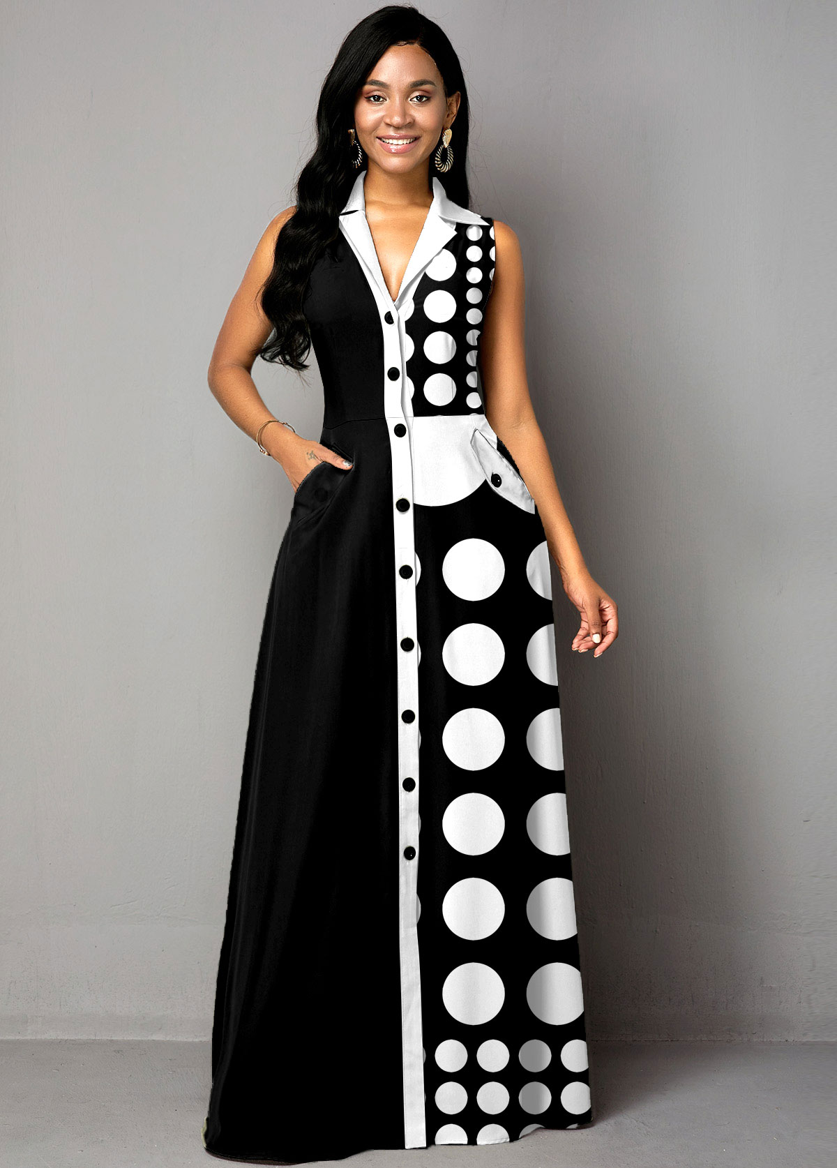 Polka Dot Color Block Button Up Maxi Dress