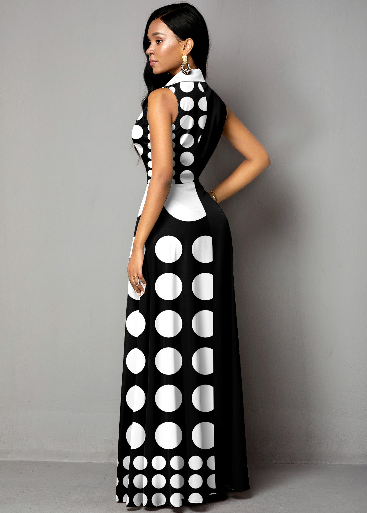 Polka Dot Color Block Button Up Maxi Dress