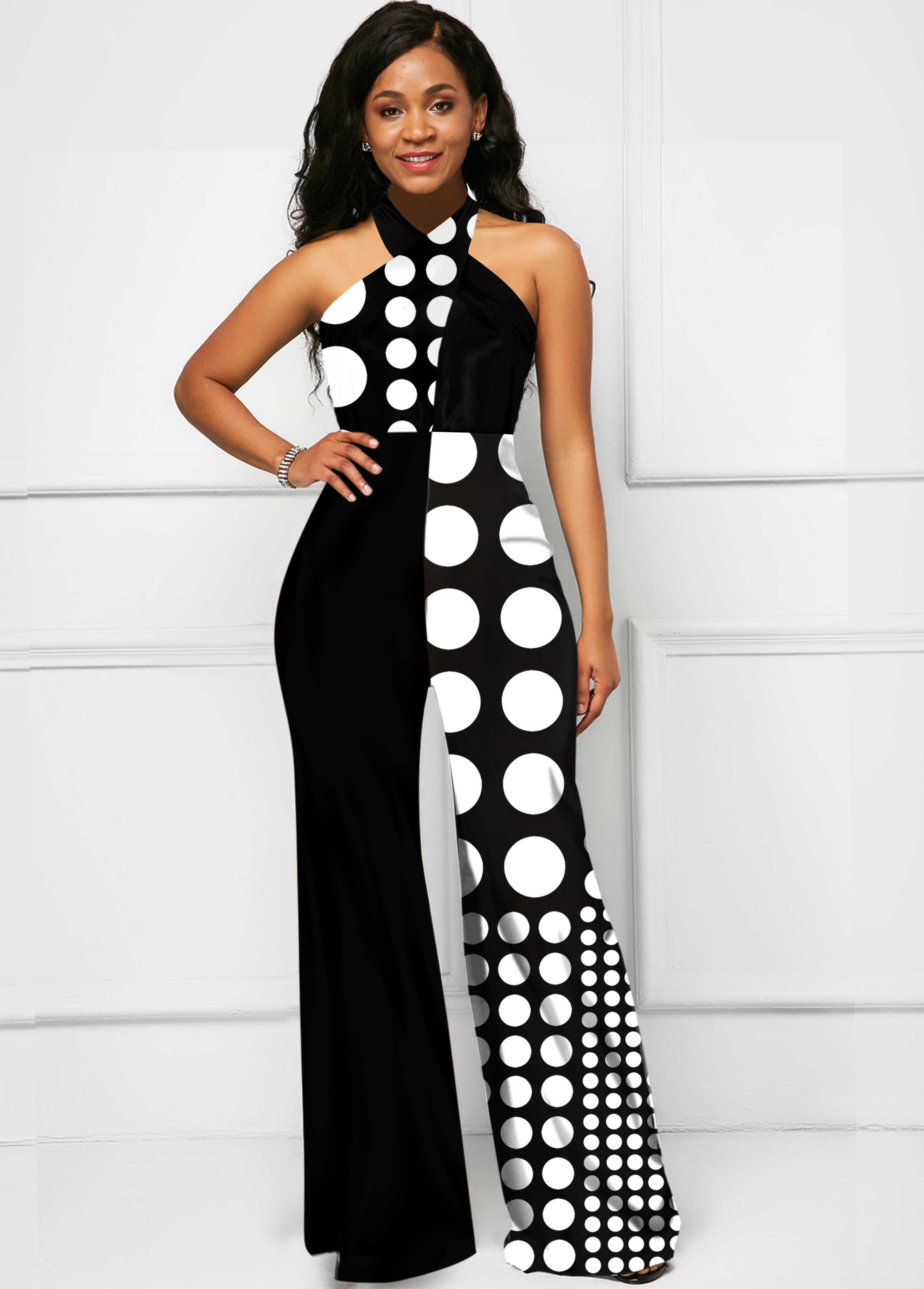 Black Polka Dot Cross Halter Jumpsuit