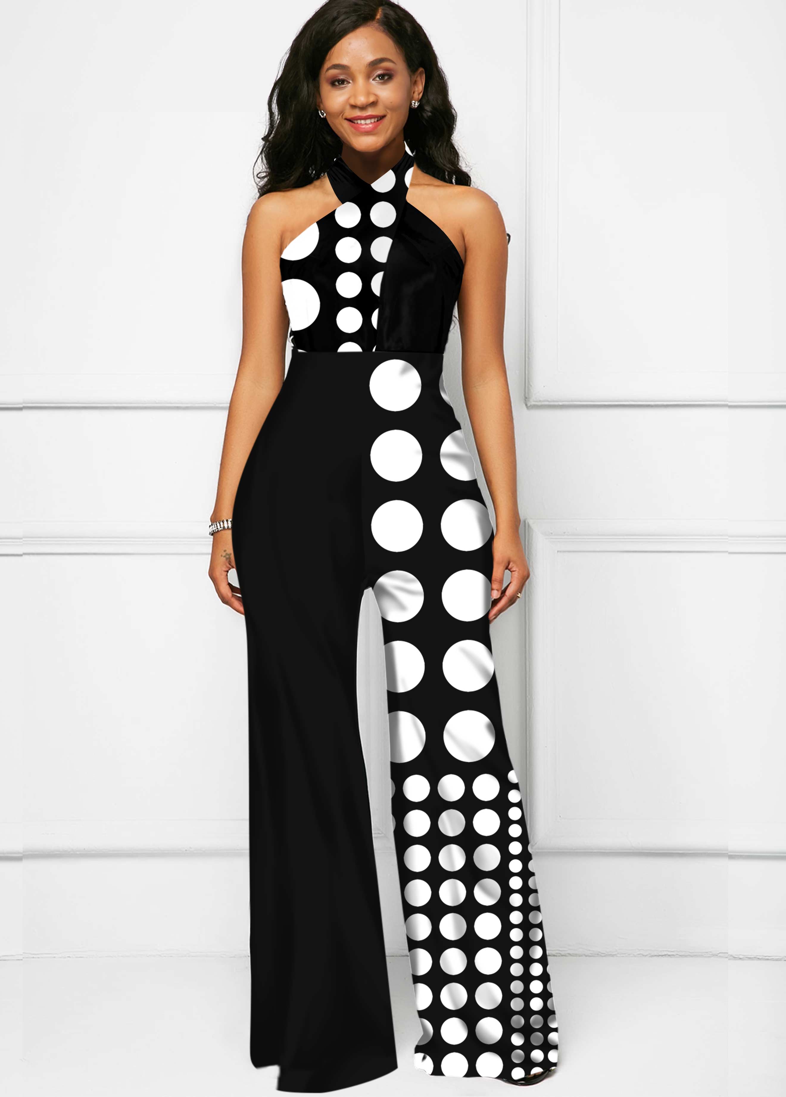 Black Polka Dot Cross Halter Jumpsuit