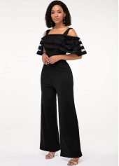 Strappy Cold Shoulder Black Ruffle Overlay Jumpsuit 