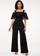 Strappy Cold Shoulder Black Ruffle Overlay Jumpsuit 