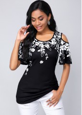 Round Neck Cold Shoulder Flower Print Blouse