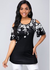 Round Neck Cold Shoulder Flower Print Blouse