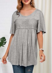 Half Sleeve Lace Panel Grey Soft T Shirt