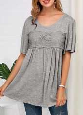 Half Sleeve Lace Panel Grey Soft T Shirt