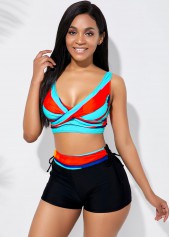 Mid Waisted Striped Lace Up Cyan Bikini Set